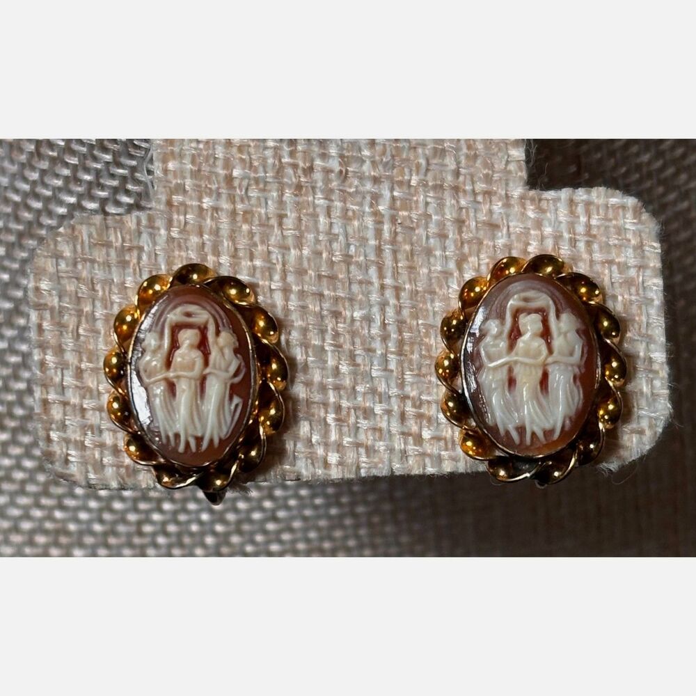 Vintage Amway Three Graces Cameo Screwback Earrings 1/20 12K Gold Filled